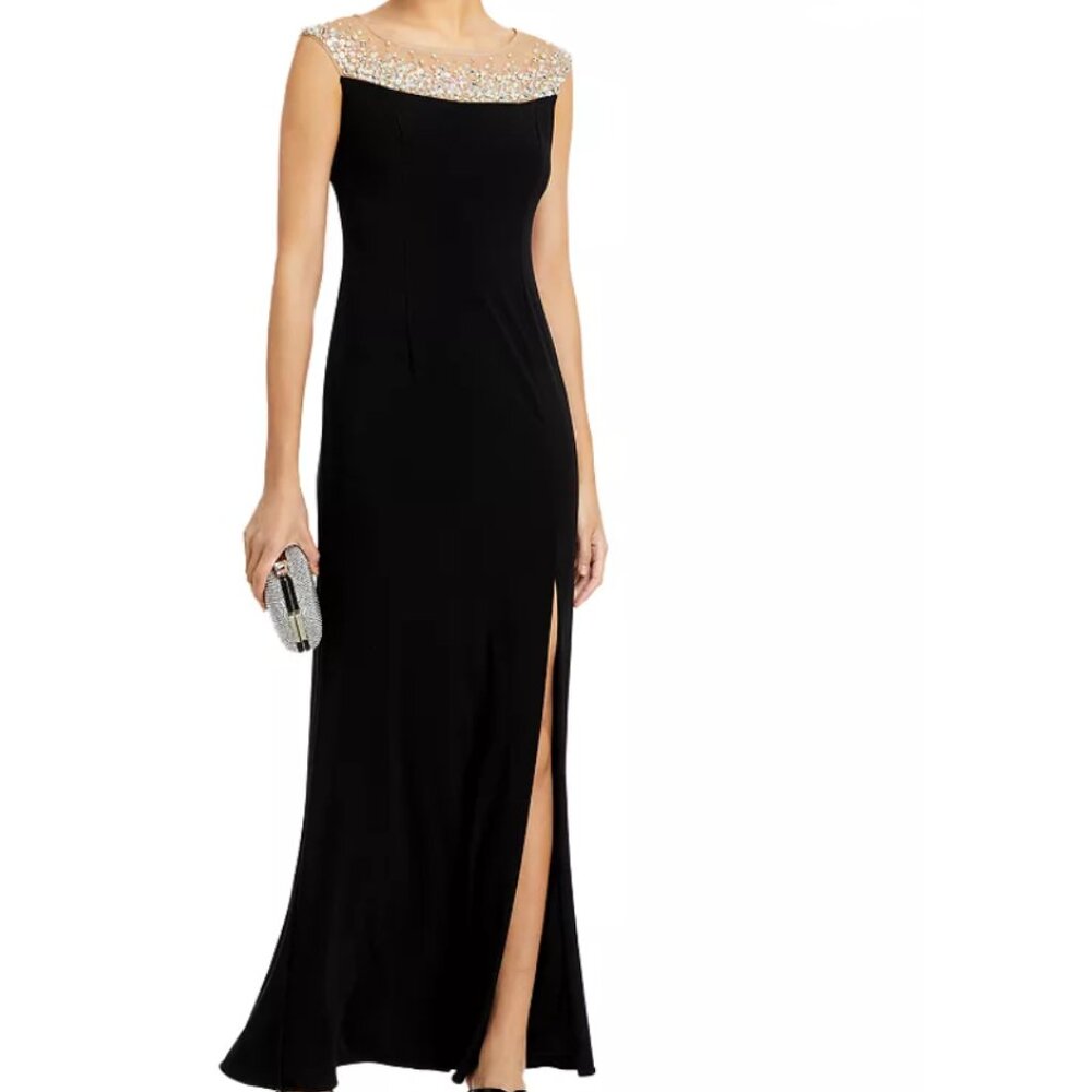 Adrianna Papell Illusion Mermaid Black Gown with Beaded Mesh Yoke Size 0